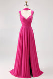 Fuchsia A Line Convertible Chiffon Long Bridesmaid Dress with Slit