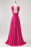 Fuchsia A Line Convertible Chiffon Long Bridesmaid Dress with Slit