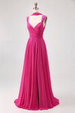 Fuchsia A Line Convertible Chiffon Long Bridesmaid Dress with Slit