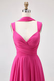 Fuchsia A Line Convertible Chiffon Long Bridesmaid Dress with Slit