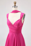 Fuchsia A Line Convertible Chiffon Long Bridesmaid Dress with Slit
