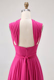 Fuchsia A Line Convertible Chiffon Long Bridesmaid Dress with Slit