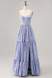 Sparkly Blue Flower Printed A Line Long Bridesmaid Dress with Slit
