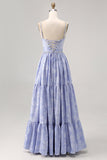Sparkly Blue Flower Printed A Line Long Bridesmaid Dress with Slit