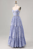 Sparkly Blue Flower Printed A Line Long Bridesmaid Dress with Slit