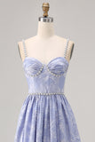 Sparkly Blue Flower Printed A Line Long Bridesmaid Dress with Slit
