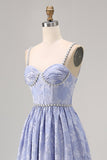 Sparkly Blue Flower Printed A Line Long Bridesmaid Dress with Slit
