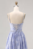 Sparkly Blue Flower Printed A Line Long Bridesmaid Dress with Slit