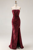 Burgundy Strapless Corset Burnout Velvet Bridesmaid Dress with Slit
