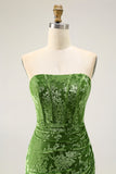 Strapless Peacock Green Corset Burnout Velvet Bridesmaid Dress with Slit