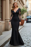 Black Mermaid V-Neck Long Mother of the Bride Dress with Lace Appliques