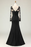 Black Mermaid V-Neck Long Mother of the Bride Dress with Lace Appliques