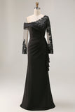 Black Asymmetrical Sheath Long Mother of the Bride Dress with Lace Appliques