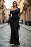 Black Asymmetrical Sheath Long Mother of the Bride Dress with Lace Appliques
