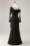 Black Asymmetrical Sheath Long Mother of the Bride Dress with Lace Appliques