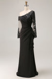 Black Asymmetrical Sheath Long Mother of the Bride Dress with Lace Appliques