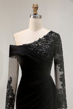 Black Asymmetrical Sheath Long Mother of the Bride Dress with Lace Appliques