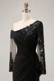 Black Asymmetrical Sheath Long Mother of the Bride Dress with Lace Appliques