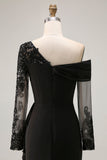Black Asymmetrical Sheath Long Mother of the Bride Dress with Lace Appliques