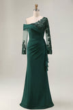 Black One Shoulder Sheath Long Mother of the Bride Dress with Lace