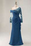 Black One Shoulder Sheath Long Mother of the Bride Dress with Lace