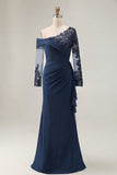 Black One Shoulder Sheath Long Mother of the Bride Dress with Lace