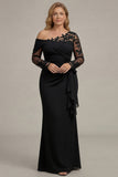 Black One Shoulder Sheath Long Mother of the Bride Dress with Lace