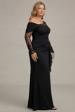 Black Sheath Long Sleeves Ruched Plus Size Mother of the Bride Dress