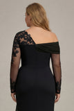 Black Sheath Long Sleeves Ruched Plus Size Mother of the Bride Dress