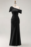 Plus Size Black Mermaid Ruched One Shoulder Long Mother of the Bride Dress