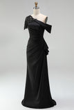 Plus Size Black Mermaid Ruched One Shoulder Long Mother of the Bride Dress
