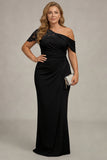 Zapaka Women Elegant Black Satin Mermaid Long Plus Size Mother of the Bride Dress with Beading Ruched Asymmetrical One Shoulder Wedding Guest Dress