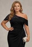 Plus Size Black Mermaid Ruched One Shoulder Long Mother of the Bride Dress