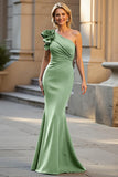 One Shoulder Black Satin Mermaid Ruched Long Choir Dress with 3D Flowers
