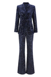 2 Piece Sequin Peak Lapel Double Breasted Navy Women's Prom Suit