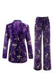 Sparkly Purple Velvet Notched Lapel Slim Fit Women 2-Piece Work Suits