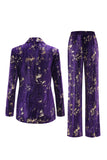 Sparkly Purple Velvet Notched Lapel Slim Fit Women 2-Piece Work Suits
