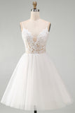 White Lace A Line Spaghetti Straps Short Graduation Dress