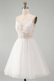 White Lace A Line Spaghetti Straps Short Graduation Dress