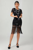 Sparkly Black Golden Gatsby Sequins Gatsby Midi 1920s Dress with Fringes