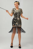 Sparkly Black Golden Gatsby Sequins Gatsby Midi 1920s Dress with Fringes