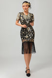 Sparkly Black Golden Gatsby Sequins Gatsby Midi 1920s Dress with Fringes