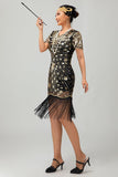 Sparkly Black Golden Gatsby Sequins Gatsby Midi 1920s Dress with Fringes