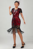 Sparkly Black Red Fringed 1920s Sequins Gatsby Midi 1920s Dress