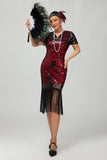 Sparkly Black Red Bodycon Fringed Midi 1920s Dress with 5-Piece Accessories Set