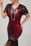 Sparkly Black Red Bodycon Fringed Midi 1920s Dress with 5-Piece Accessories Set