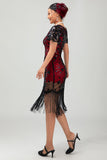 Sparkly Black Golden Gatsby Sequins Gatsby Midi 1920s Dress with Fringes