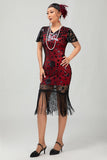 Black Red Fringed 1920s Sequin Flapper Dress