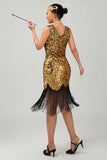 Sparkly Black Golden V Neck Bodycon Gatsby Midi 1920s Dress with Fringes