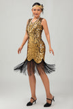 Sparkly Black Golden V Neck Bodycon Gatsby Midi 1920s Dress with Fringes